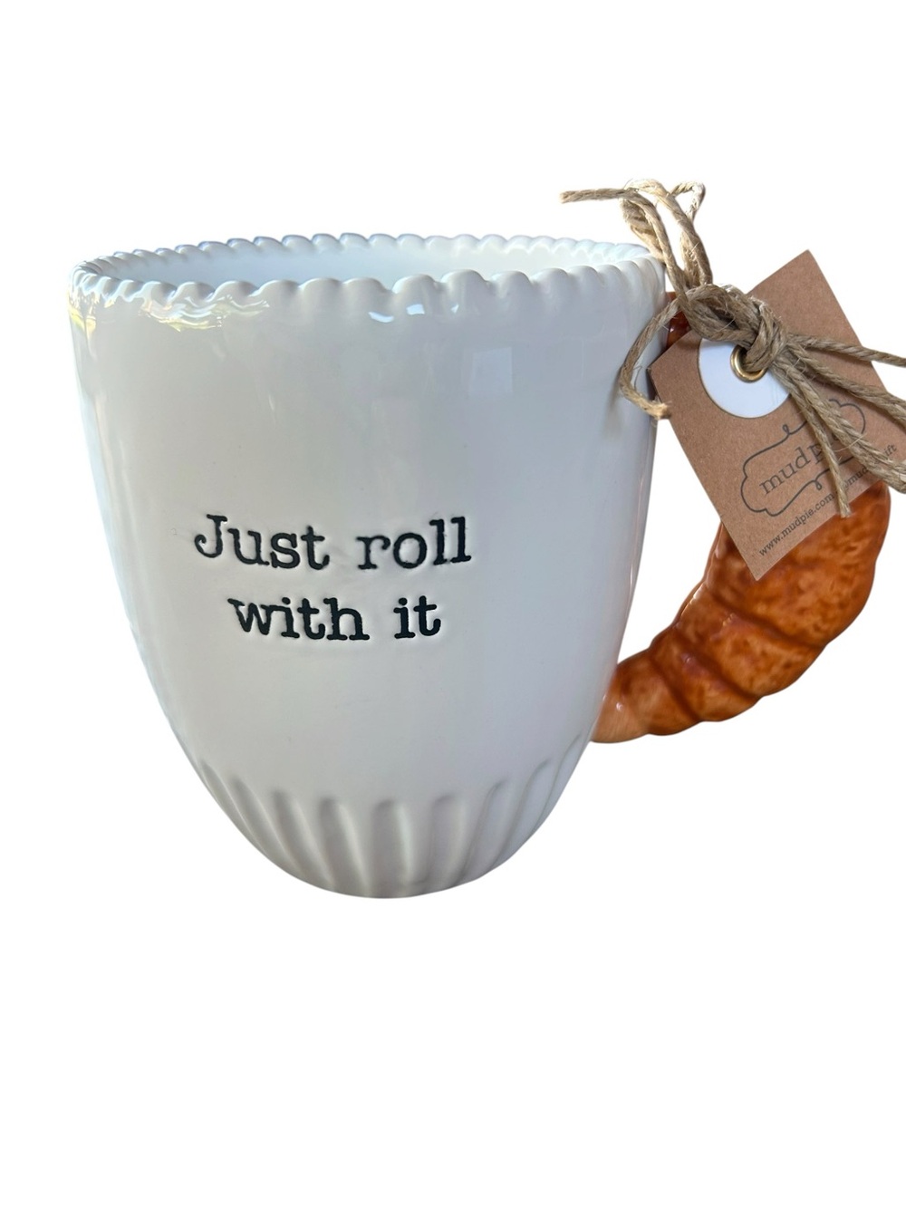 Mud Pie Croissant Handle Mug
Fluted ceramic design NWT 15 oz capacity